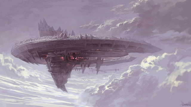 Futuristic ship floating clouds castle free wallpaper - medium preview image