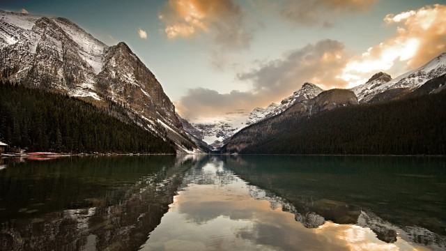 Lake mountains trees cloudy sunset free wallpaper - medium preview image