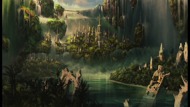Fantasy landscape waterfall castle boat #2 free wallpaper - medium preview image