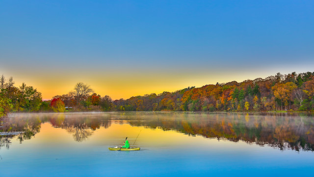 Man boat lake trees sky free wallpaper - medium preview image
