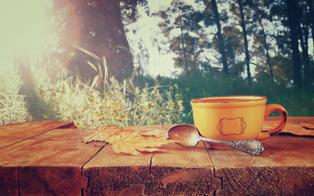 Coffee wooden table spoon leaf free wallpaper - medium preview image