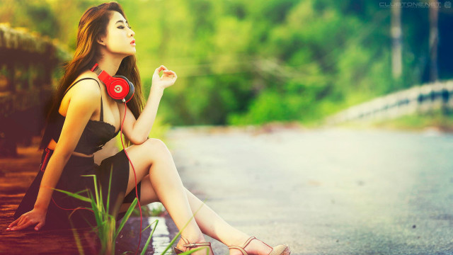 Woman sitting headphones cigarette green free wallpaper - medium preview image