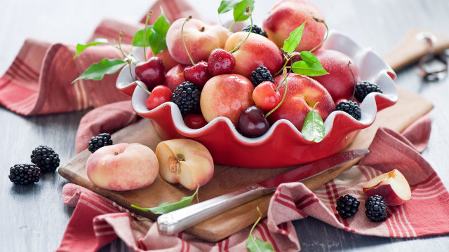 Bowl fruit cuttingboard knife fork free wallpaper - medium preview image