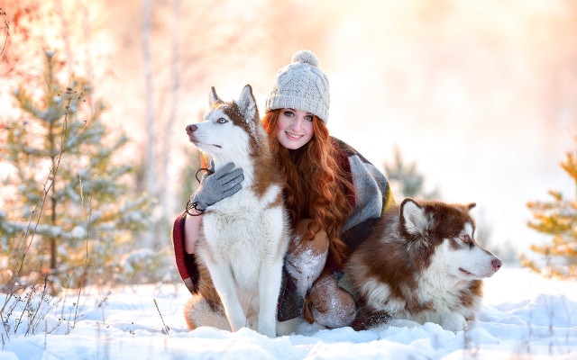 Woman dog snow autumn blurry free wallpaper - medium preview image
