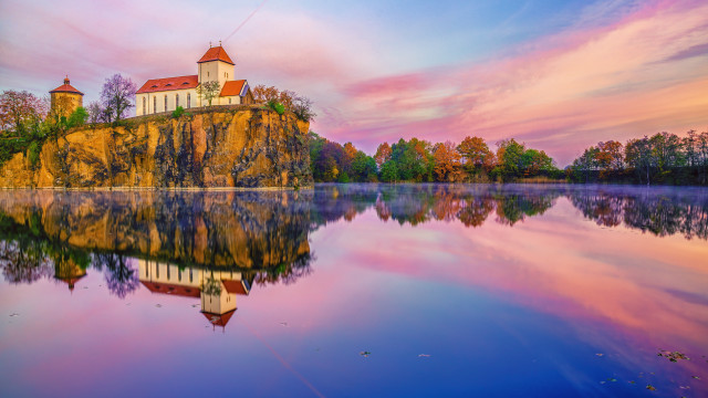 Small church island lake sunset free wallpaper - medium preview image