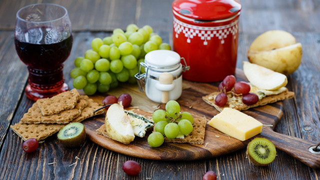 Wooden board grapes cheese wine free wallpaper - medium preview image