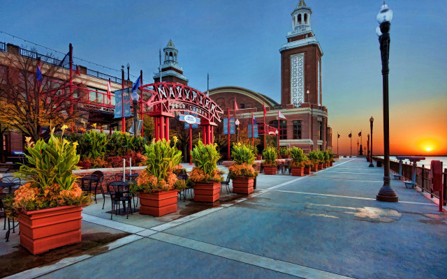 City street clock tower restaurant free wallpaper for desktop - medium preview image