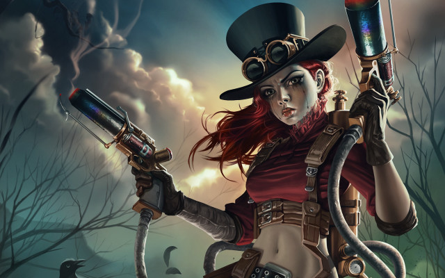 Steampunk woman gun flashlight creepy free wallpaper - medium preview image