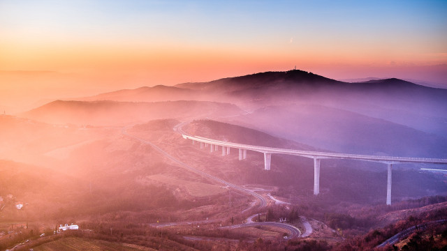 Highway valley bridge sunset fog free wallpaper - medium preview image