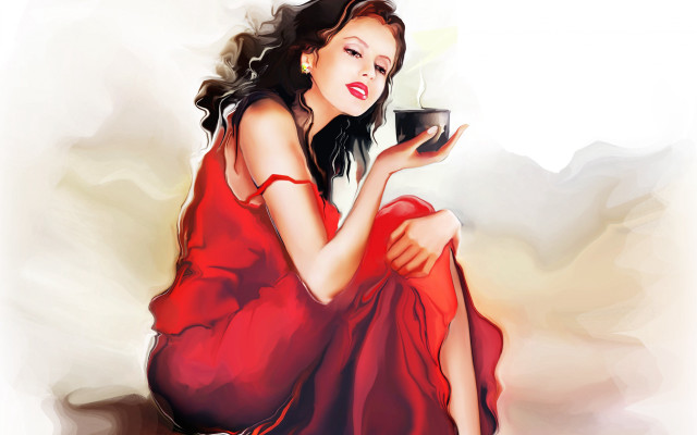 Woman red dress coffee phone free wallpaper - medium preview image