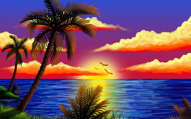 Sunset palm trees bird ocean free wallpaper - medium preview image