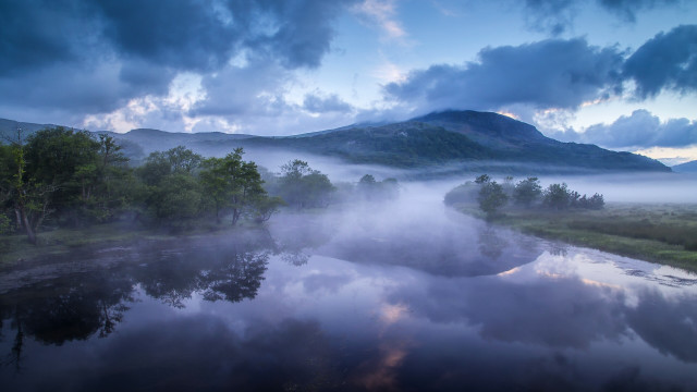 River mountain clouds trees mist free wallpaper - medium preview image