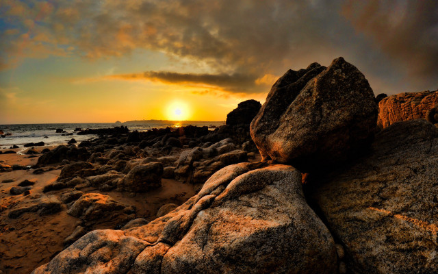 Sunset rocky beach boat mountain #2 free wallpaper - medium preview image