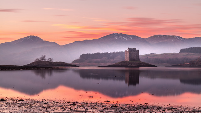 Castle island lake mountains sunset free wallpaper - medium preview image