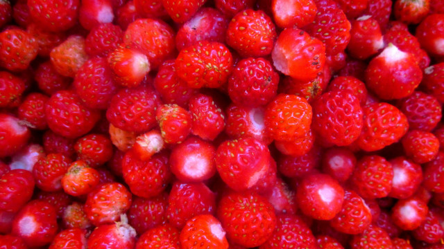 Strawberries white spots red background free wallpaper - medium preview image