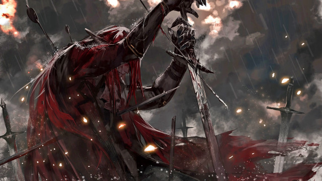 Man red cape sword rain free wallpaper - medium preview image