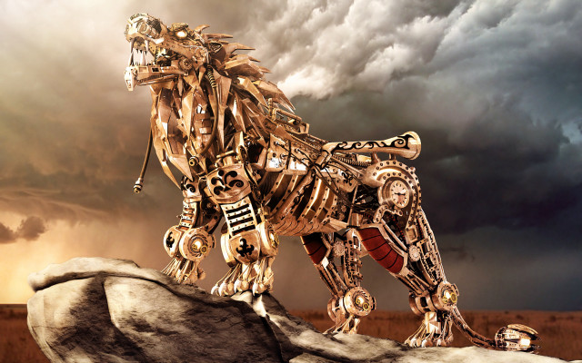 Golden lion statue steampunk sunset free wallpaper - medium preview image