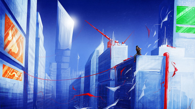 Futuristic city ledge man cyberpunk free wallpaper - medium preview image