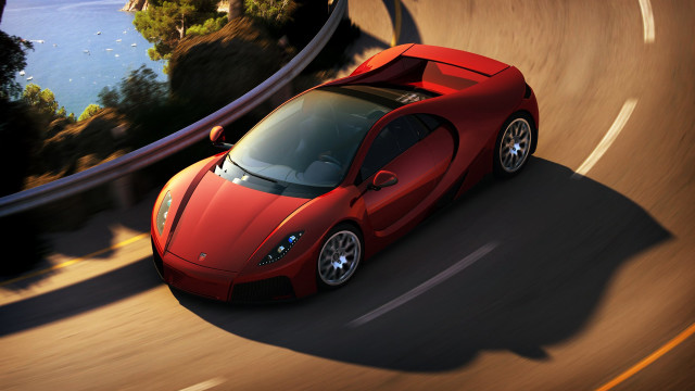Red sports car lake bridge free wallpaper - medium preview image