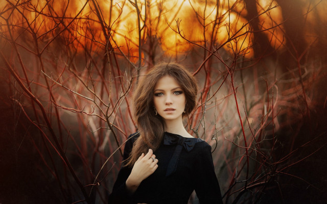 Woman field trees sky autumn free wallpaper - medium preview image