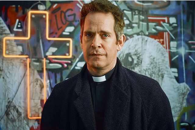 Man black coat cross graffiti free wallpaper - medium preview image