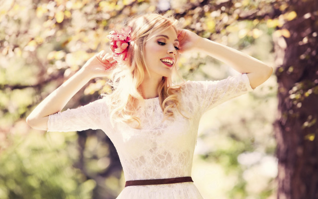 Woman white dress smiling park free wallpaper - medium preview image