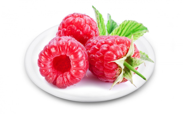 Raspberries white plate green leaves free wallpaper - medium preview image