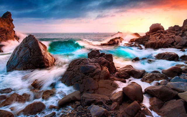 Rocky beach waves sunset cloudy free wallpaper - medium preview image