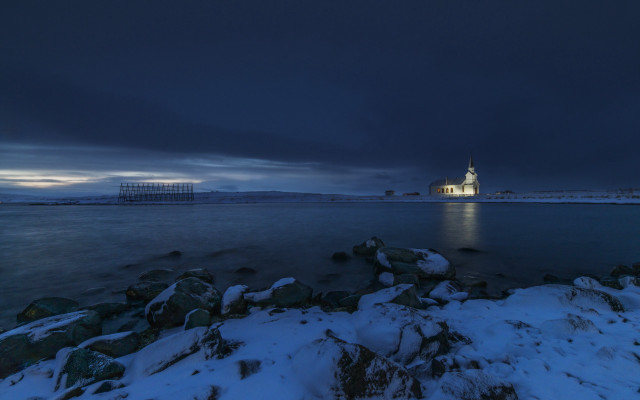 Lighthouse snowy shore night dark free wallpaper - medium preview image
