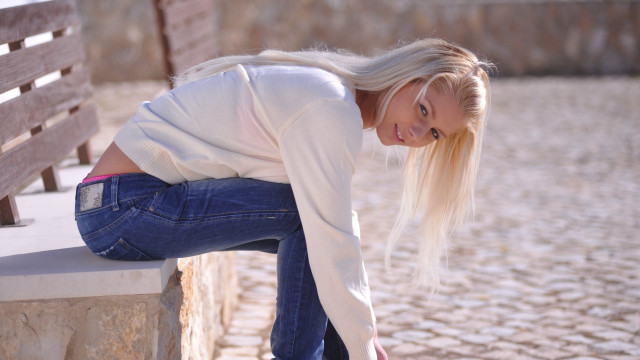 Woman blonde whitehair bench outdoors free wallpaper - medium preview image