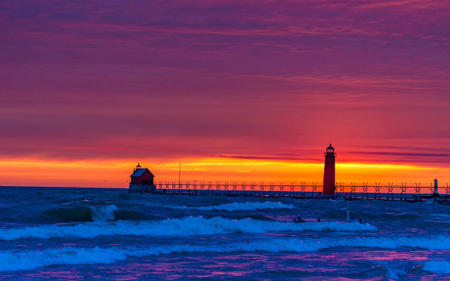 Lighthouse sunset waves redsky beach free wallpaper - medium preview image
