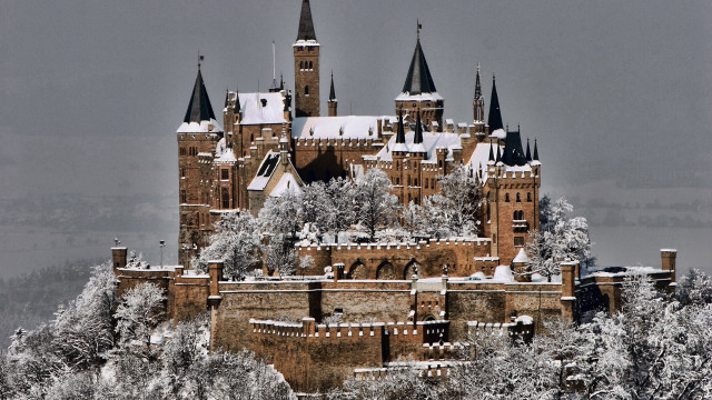 Snowy castle bridge tower trees free wallpaper - medium preview image
