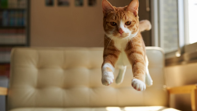 Cat jumping couch livingroom action free wallpaper - medium preview image