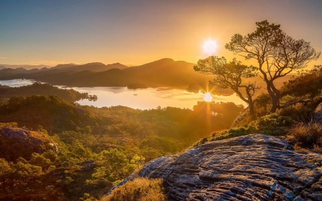 Sunset lake tree mountains clouds free wallpaper - medium preview image