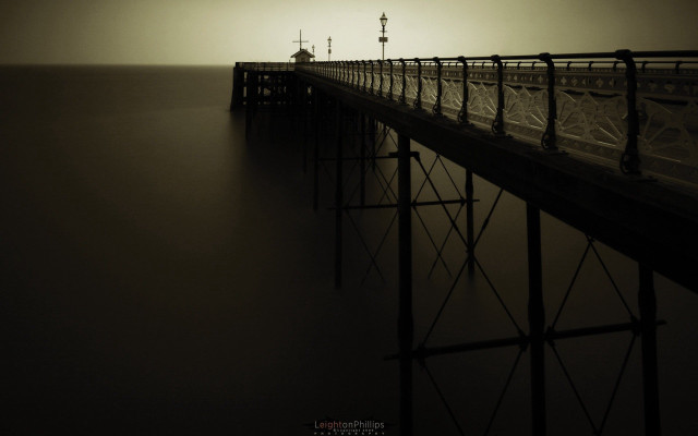Foggy pier lighthouse horizon sunset free wallpaper - medium preview image