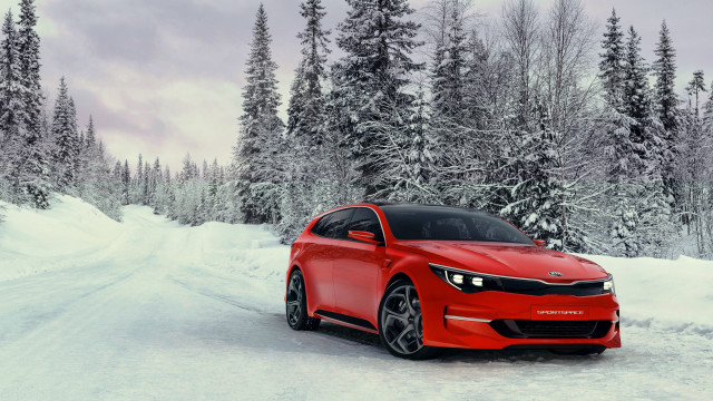 Red car snow road trees free wallpaper - medium preview image