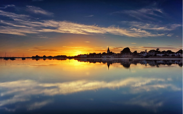 Sunset lake town clouds reflections free wallpaper - medium preview image