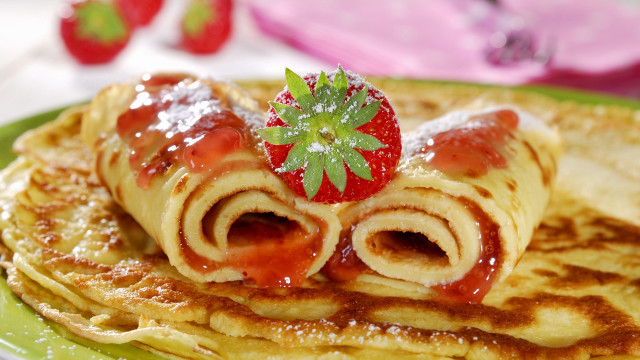 Pancakes strawberry food photorealism blurry free wallpaper - medium preview image