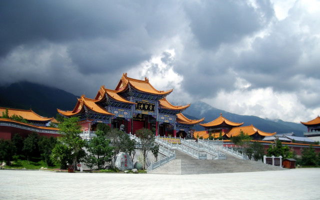 Yellow roof stairs mountains clouds free wallpaper - medium preview image