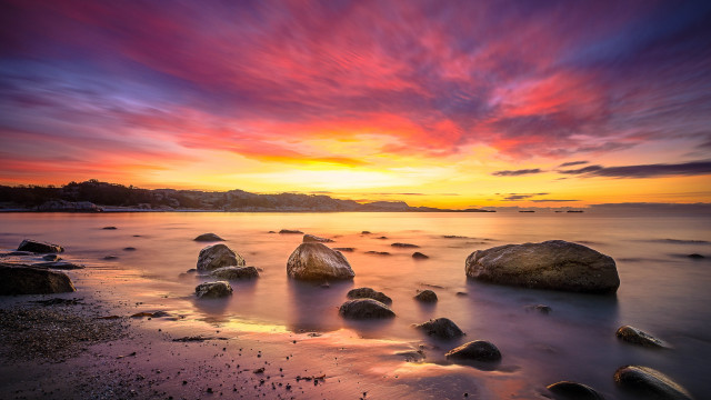 Sunset beach rocks clouds mountain free wallpaper - medium preview image