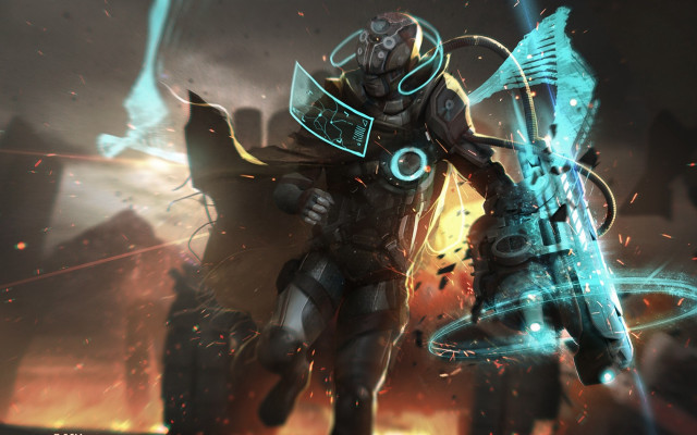 Futuristic man glowing sword city free wallpaper - medium preview image