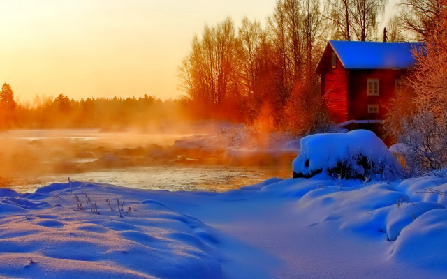 Red cabin snowy river hot free wallpaper - medium preview image