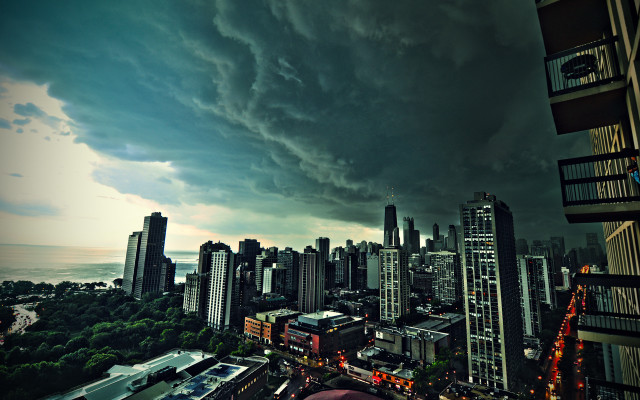 City skyline storm reflection beach free wallpaper for desktop - medium preview image