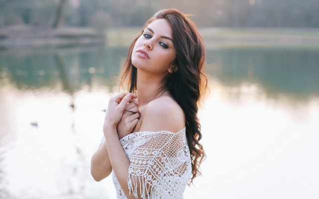 Woman white dress lake bird free wallpaper for desktop - medium preview image