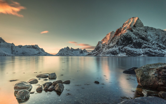 Mountain lake rocks sunset cloudy free wallpaper - medium preview image