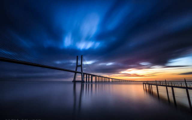 Bridge water sky clouds sunset #4 free wallpaper - medium preview image