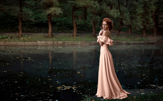 Pink dress pond forest night free wallpaper - medium preview image
