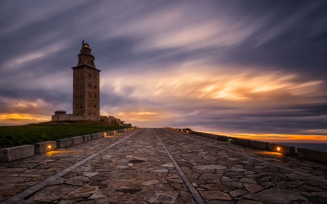 Stone tower walkway dusk cityscape free wallpaper - medium preview image