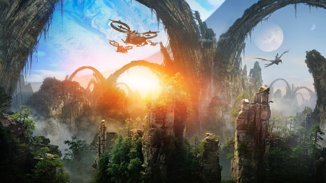Futuristic forest flying man giant free wallpaper - medium preview image