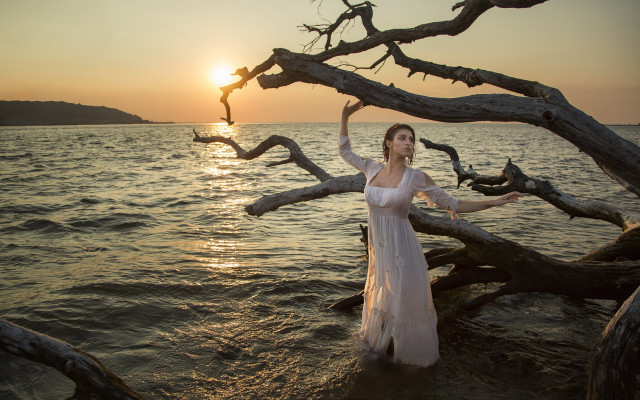 Woman white dress water tree free wallpaper - medium preview image